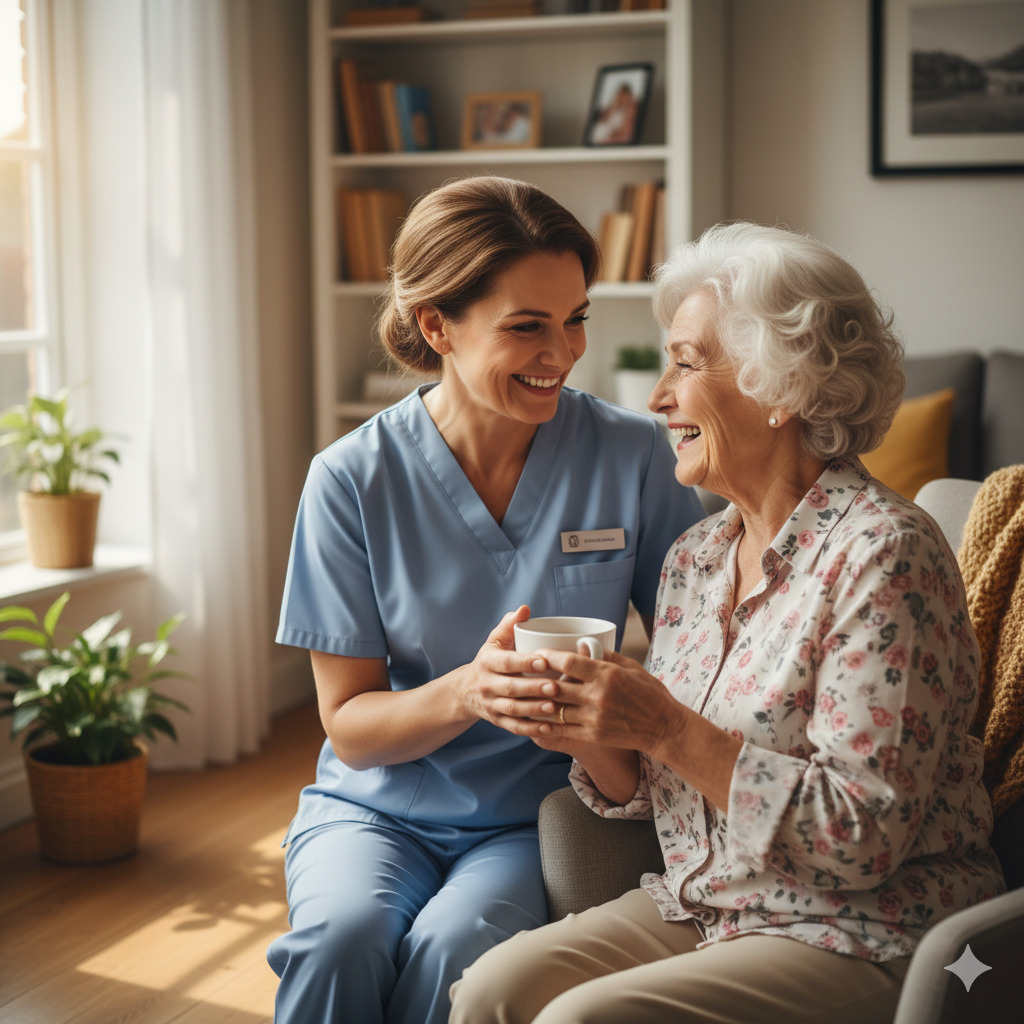 Cuidadora sorrindo com idosa