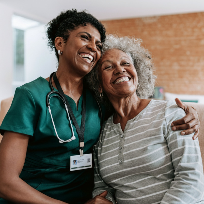 Cuidadora com idosa em cadeira de rodas